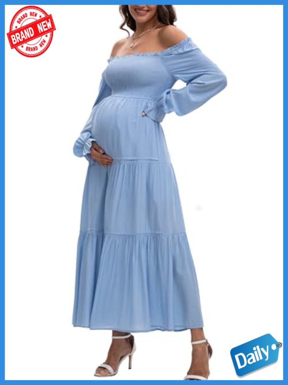 Maternity Maxi Dress Long Sleeve Flowy A-Line Tiered Puff Sleeve Square Neck